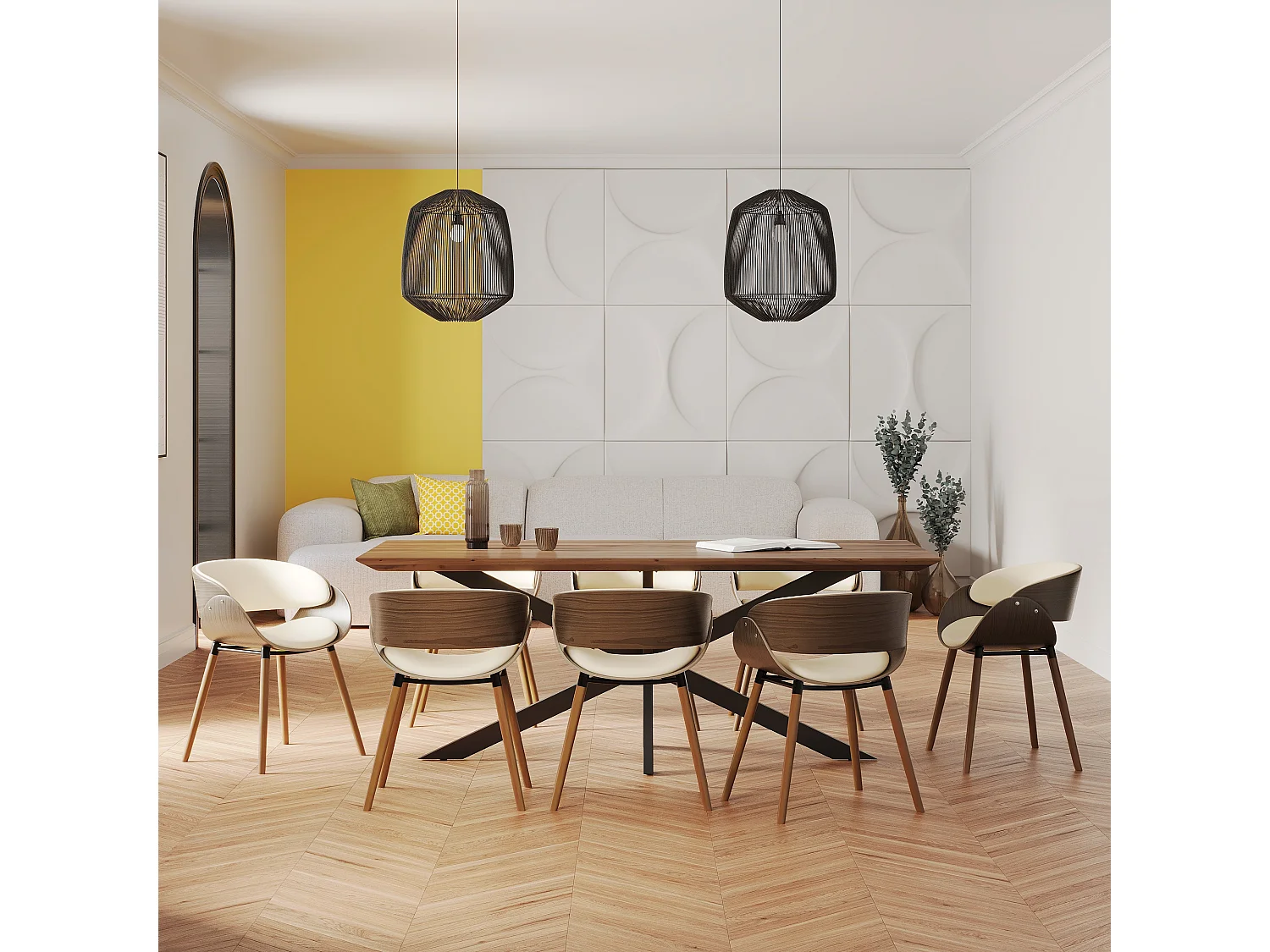 Table et chaises 8 personnes en cuir synthétique beige et bois - Surdiman