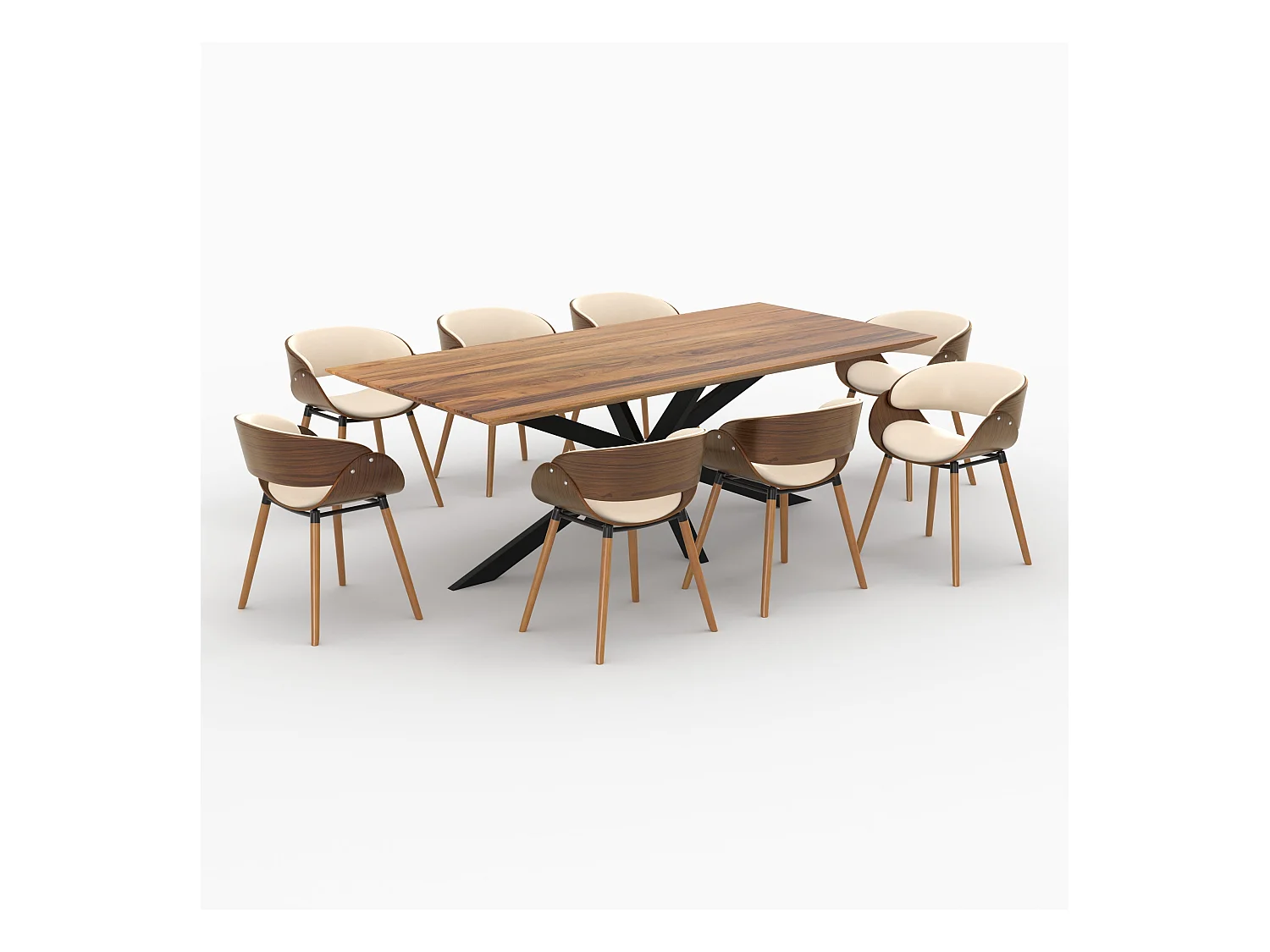 Mesa y sillas para 8 personas de cuero sintético beige y madera - Surdiman