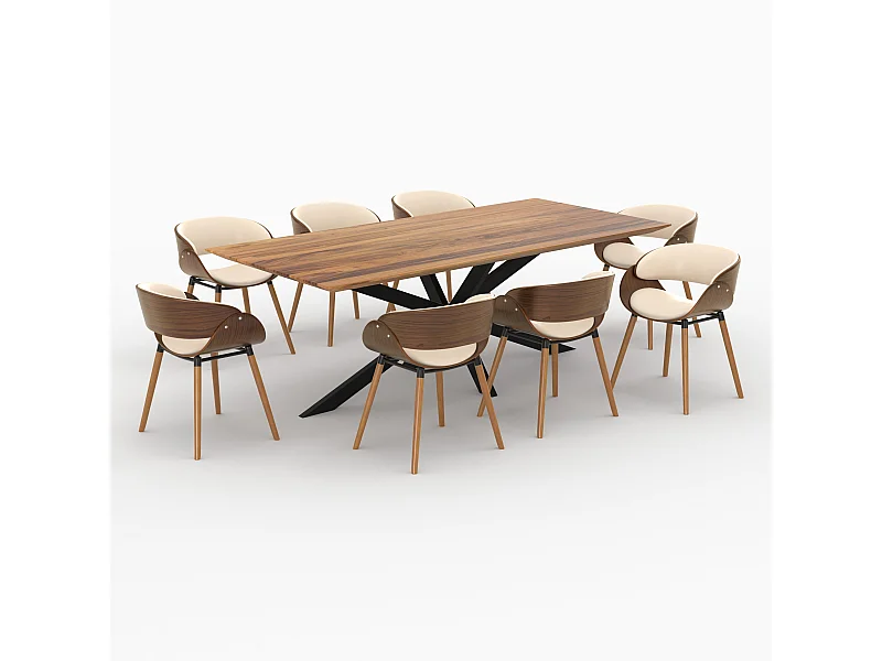 Table et chaises 8 personnes en cuir synthétique beige et bois - Surdiman