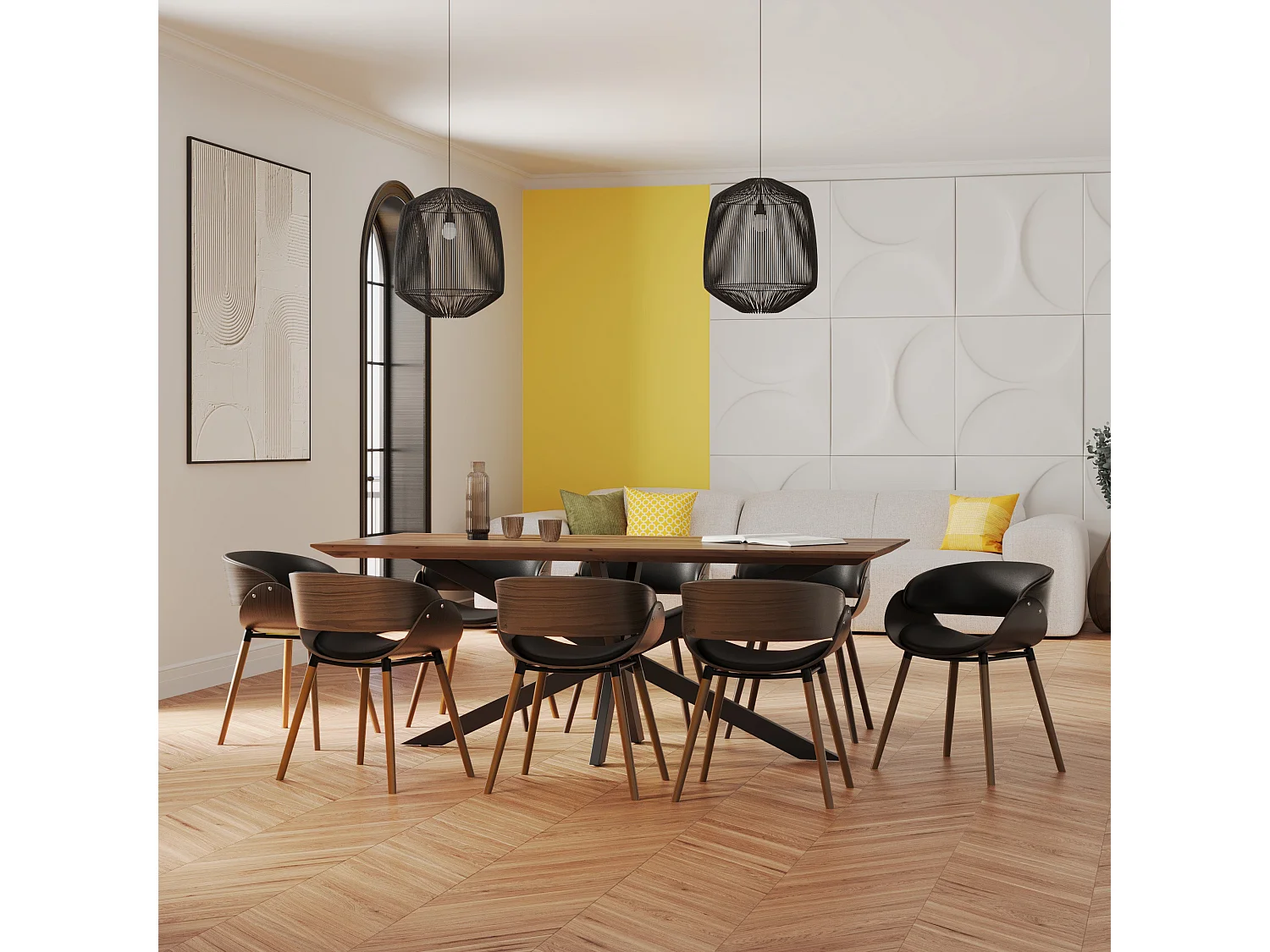 Table et chaises 8 personnes en cuir synthétique noir et bois - Surdiman