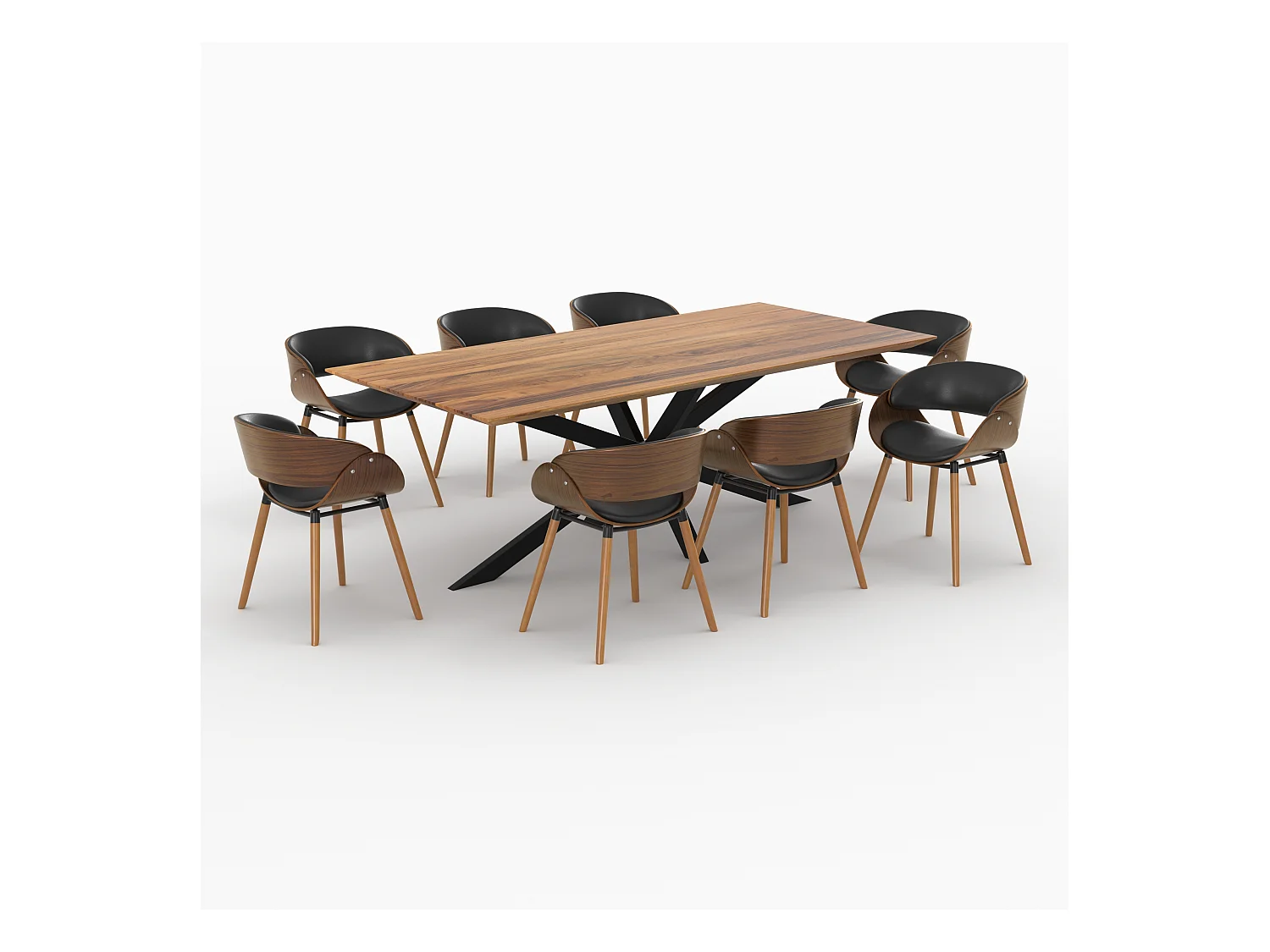 Mesa y sillas para 8 personas de cuero sintético negro y madera - Surdiman
