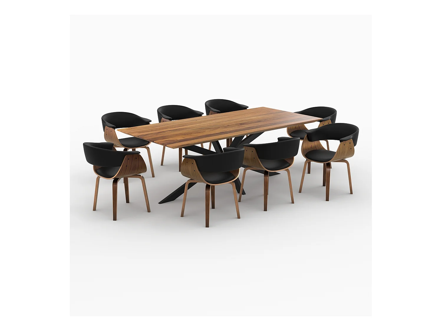 Mesa y sillas para 8 personas en cuero sintético negro y madera - Piada