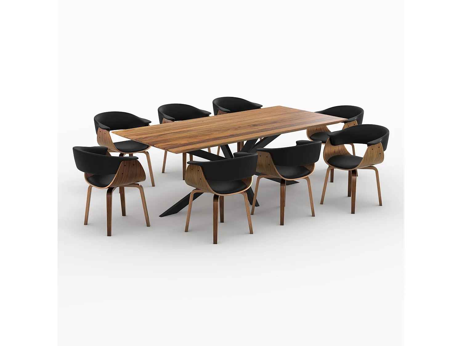 Table et chaises 8 personnes en cuir synthetique noir et bois - Piada