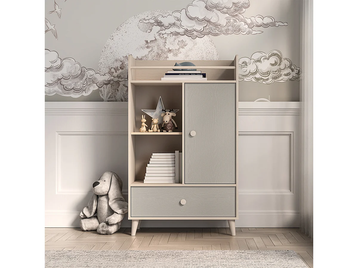 Biblioteca 1 puerta 1 cajón Alycia Beige y Gris