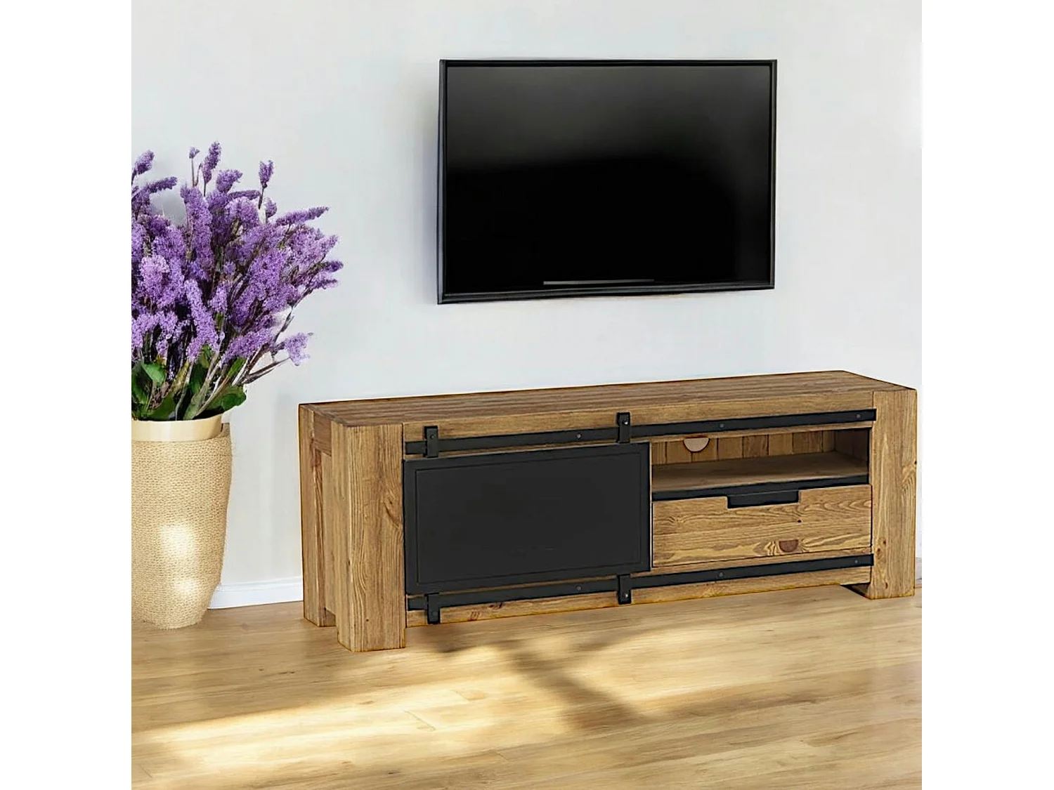 Meuble tv porte coulissante pin brossé SOHO