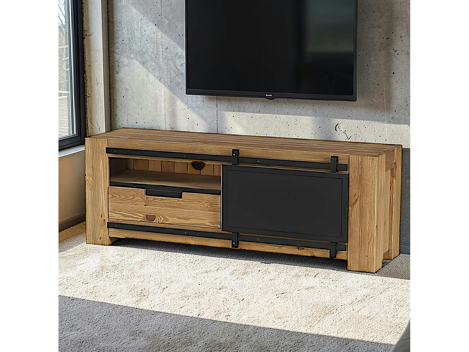 Meuble tv porte coulissante pin brossé SOHO