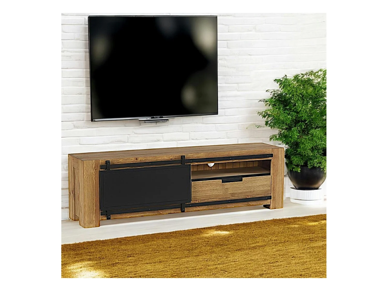 Banc tv bois de pin brossé porte coulissante SOHO
