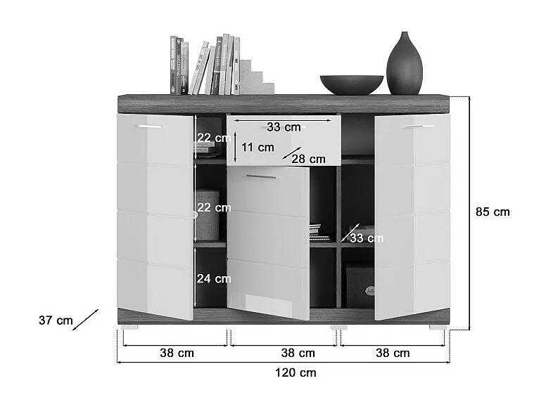 Buffet SCOTT – 3 portes et 1 tiroir – Gris foncé et blanc – 120x85x37 cm
