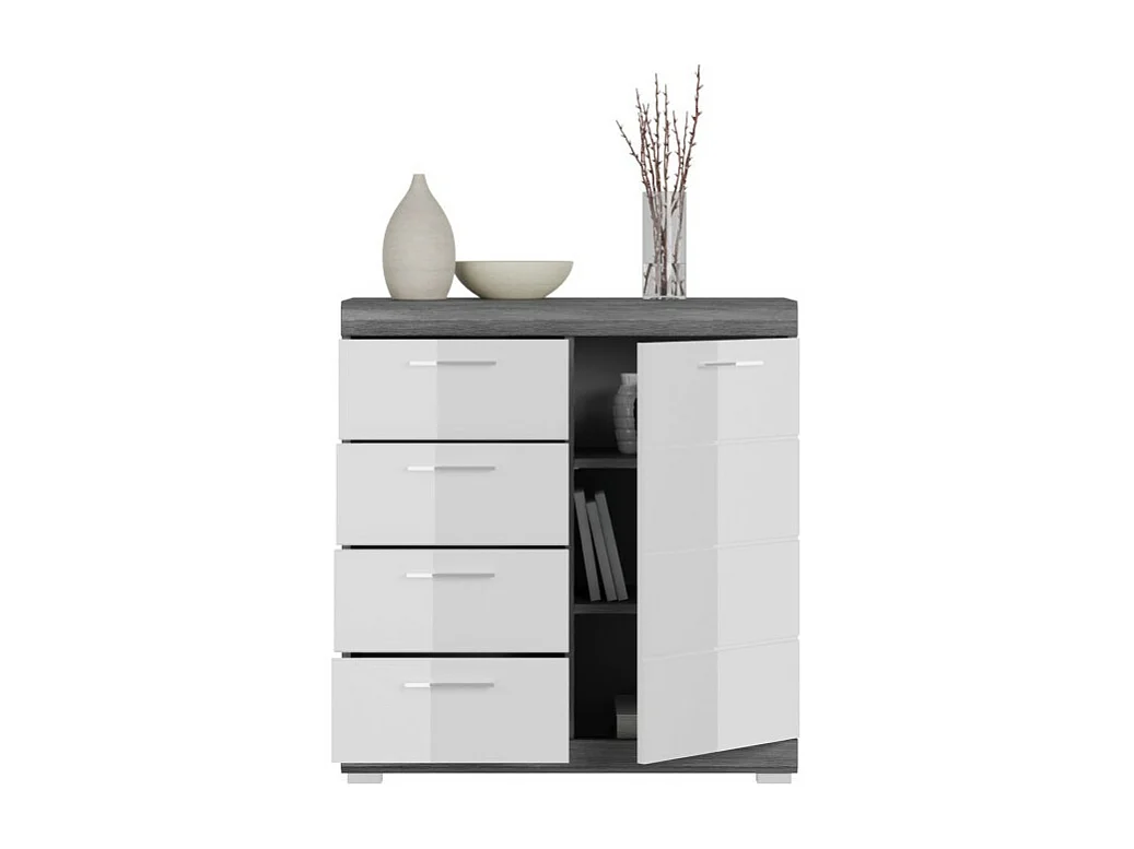 Buffet SCOTT – 4 tiroirs et 1 porte – Gris foncé et blanc – 80x85x37 cm