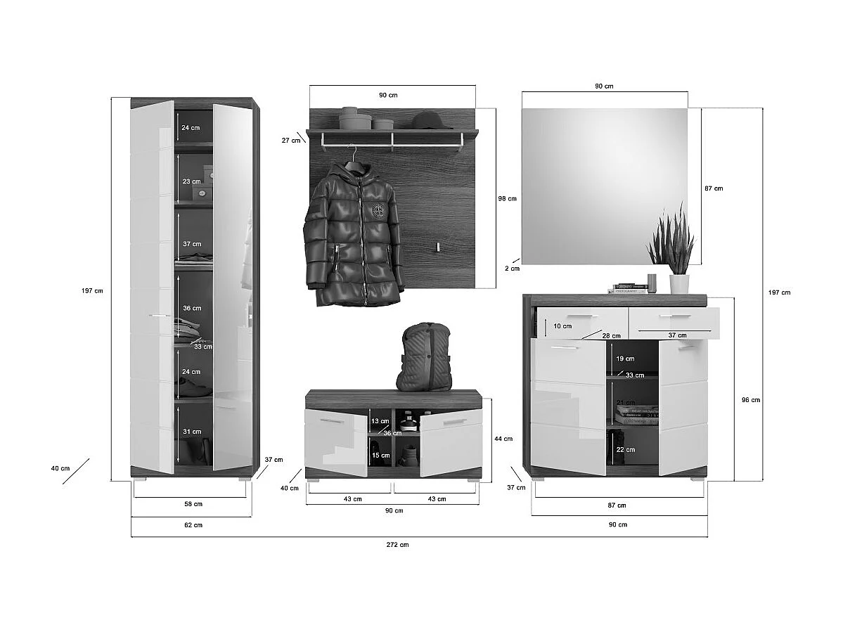 Ensemble d'entrée SCOTT – Meubles de rangement avec miroir et porte-manteaux