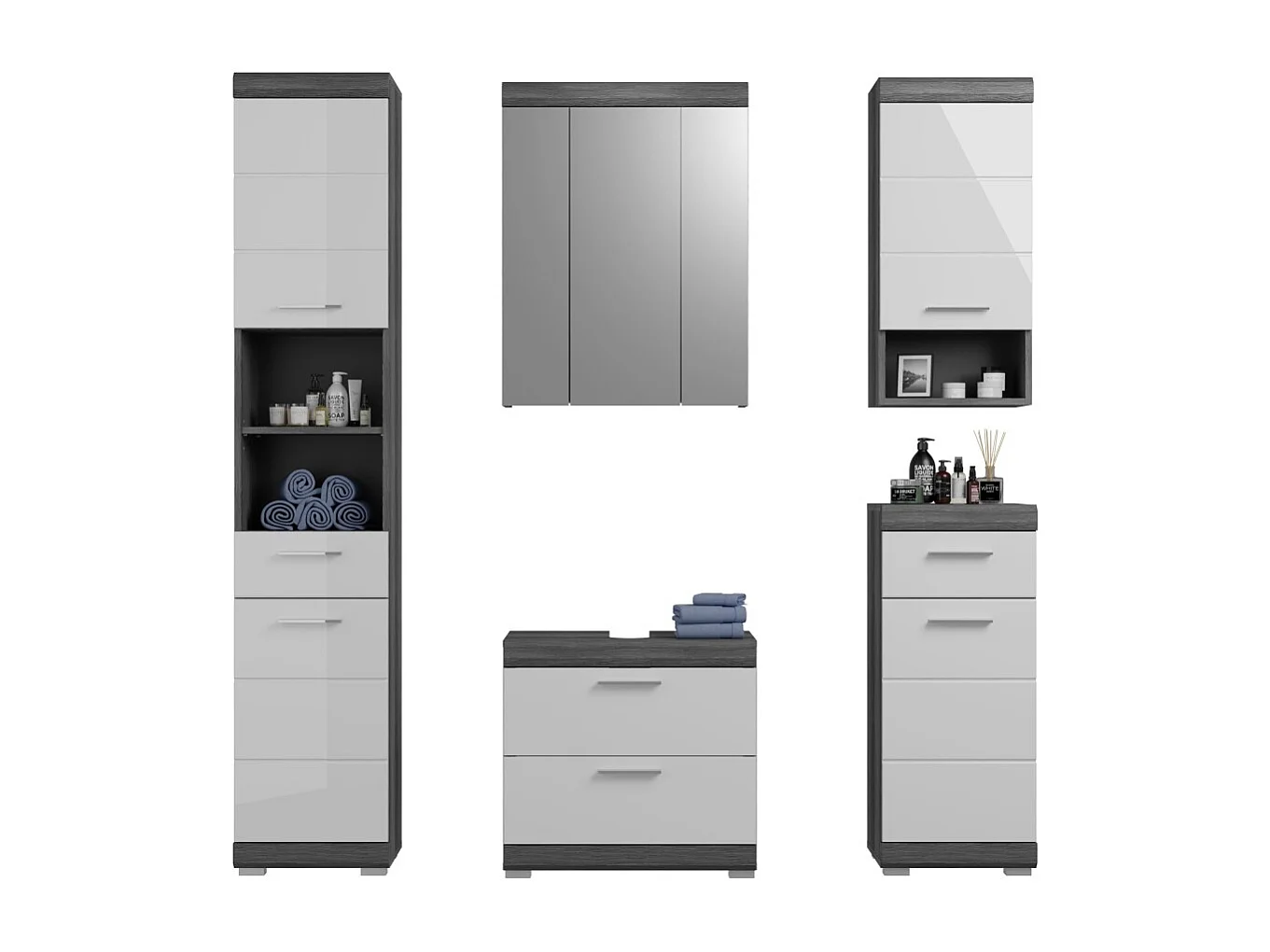 Badkamerset SCOTT – Onderbouwmeubel, kolomkast, 2 halfhoge kolomkasten en spiegel