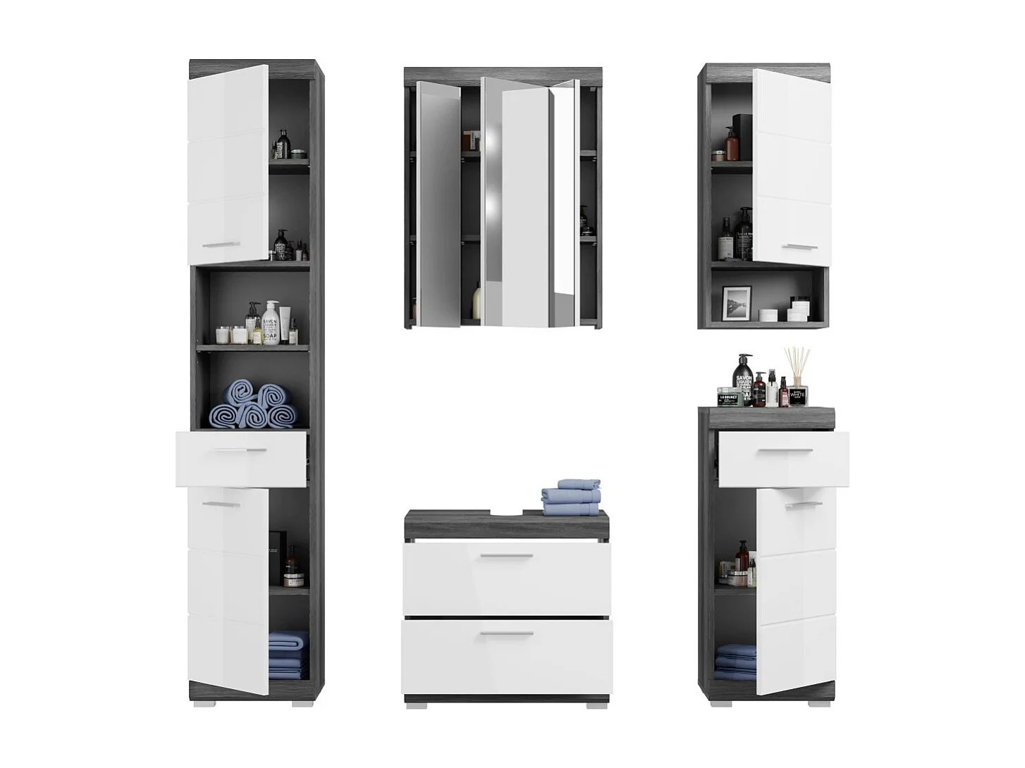 Badkamerset SCOTT – Onderbouwmeubel, kolomkast, 2 halfhoge kolomkasten en spiegel