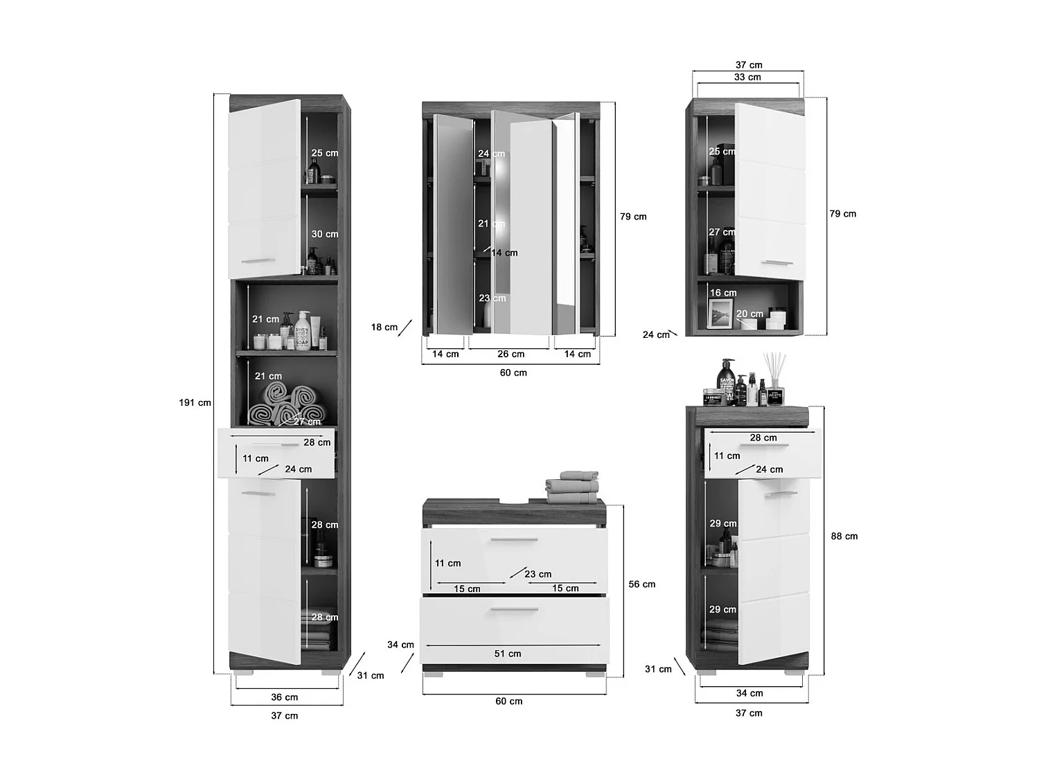 Badkamerset SCOTT – Onderbouwmeubel, kolomkast, 2 halfhoge kolomkasten en spiegel