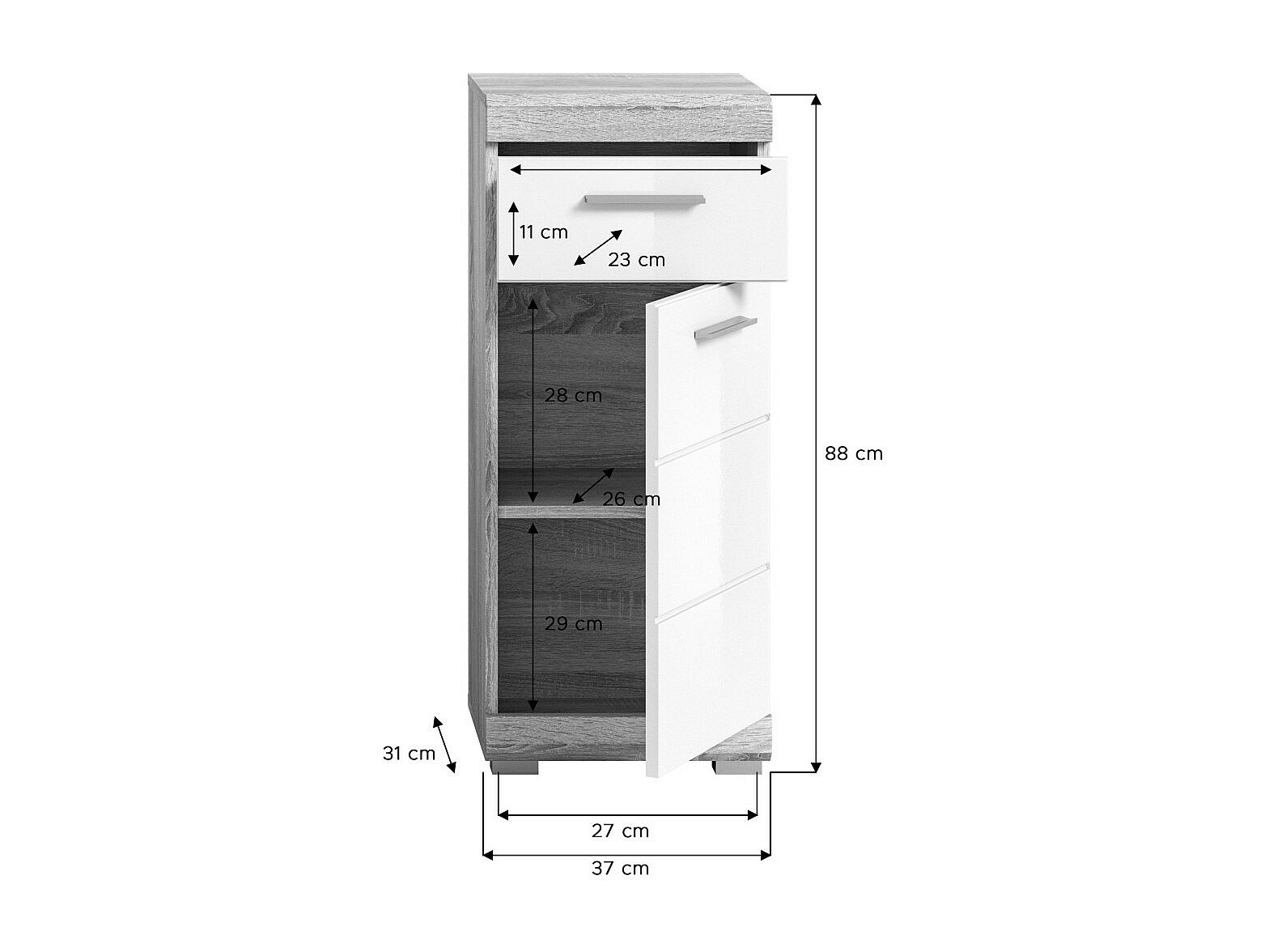 Demi-colonne RIDLEY – 1 tiroir et 1 porte – Blanc et chêne clair
