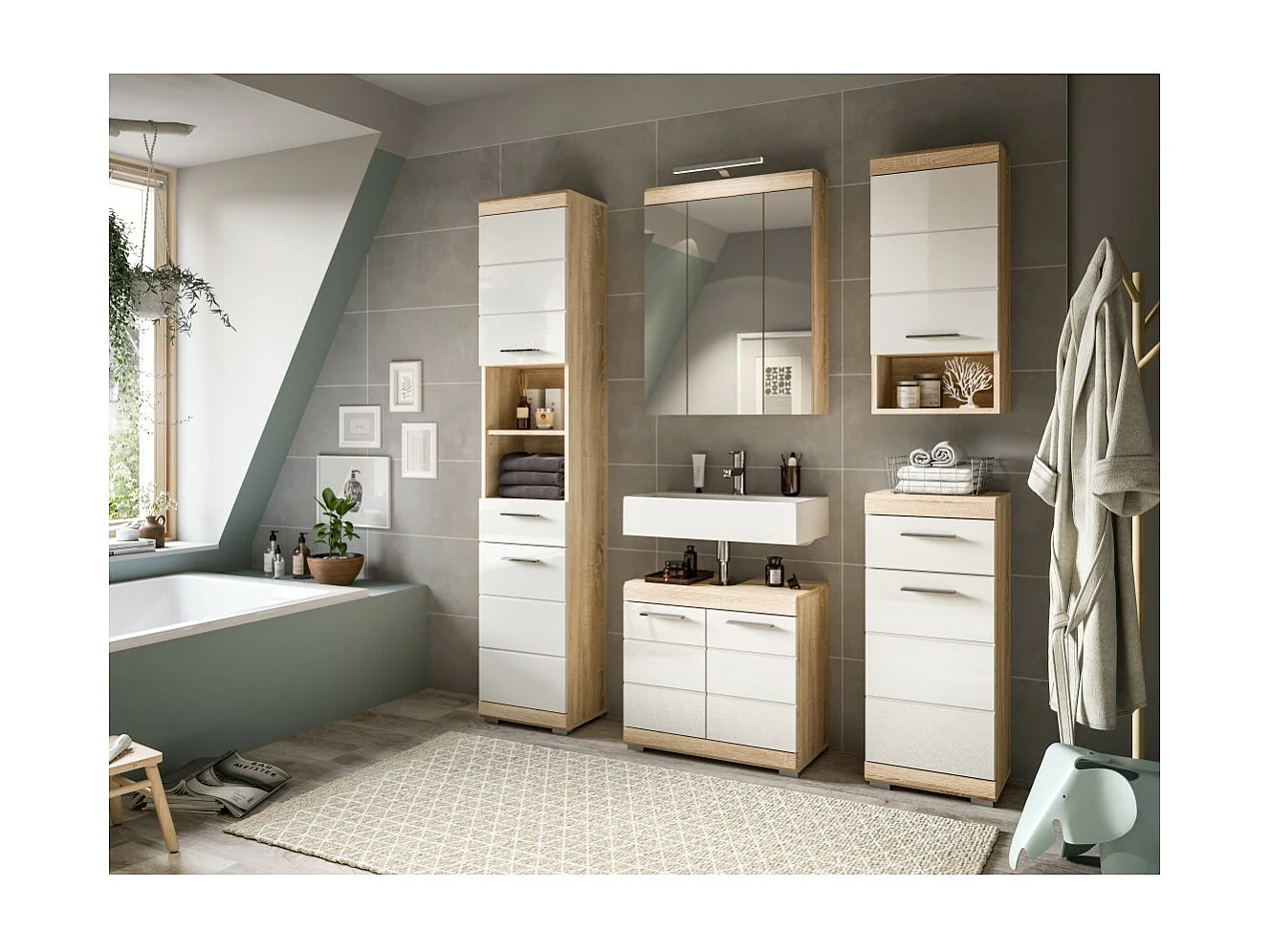 Badkamer halfkolom RIDLEY – 1 lade en 1 nis – Wit en licht eiken