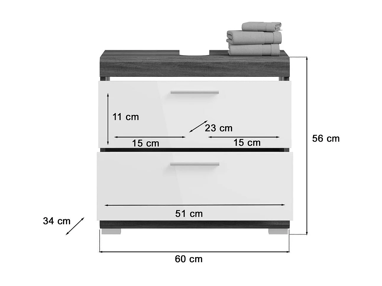 Mueble bajo lavabo SCOTT – 2 cajones – Gris oscuro y blanco – 60x56x37 cm