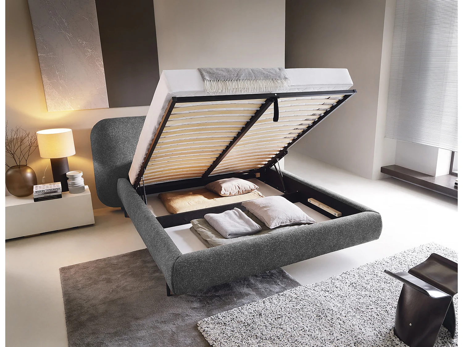 Lit coffre Booby prestige – Velours moderne et rangement optimisé-Couleur Gris chiné-160x200