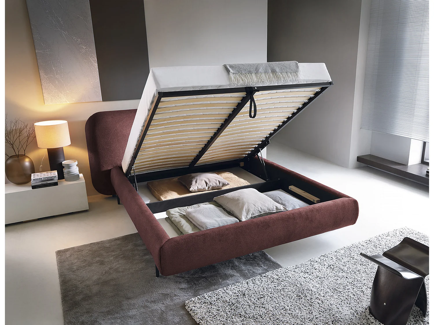 Lit Croft S (140x200)/Tissu/Bordeaux