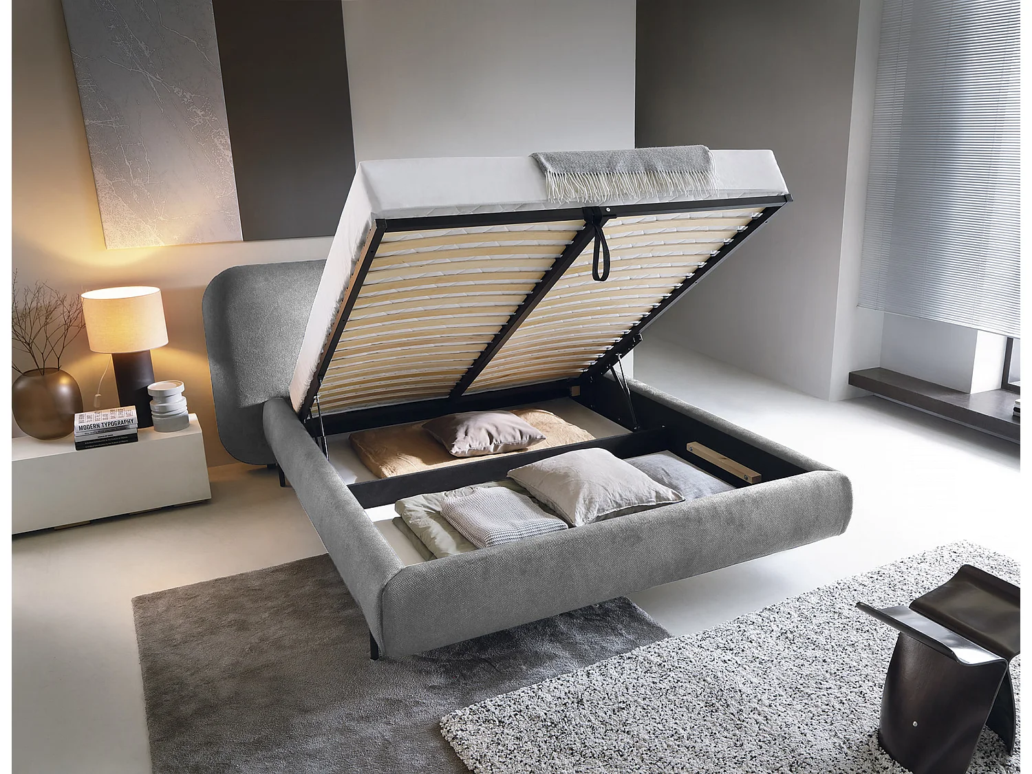 Booby prestige opbergbed – Modern fluweel en geoptimaliseerde opbergruimte-Kleur Donkergrijs-Slapen 180x200cm