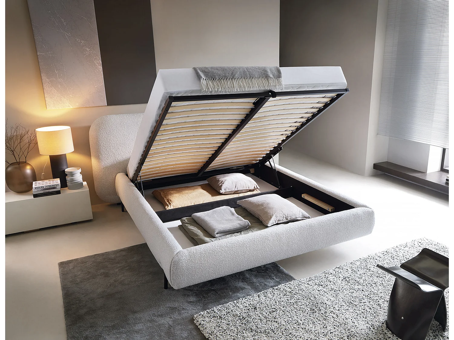 Lit coffre Booby prestige – Velours moderne et rangement optimisé-Couleur Crème-160x200