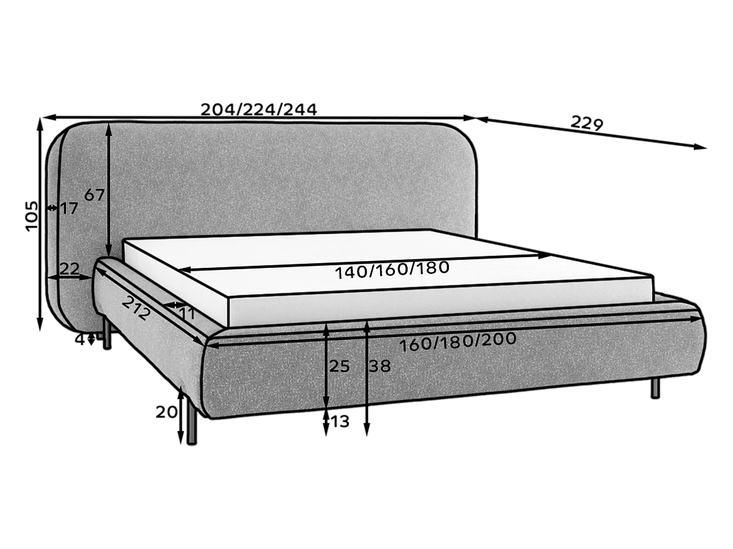 Letto Croft S (140x200)/Tessuto/Bordeaux