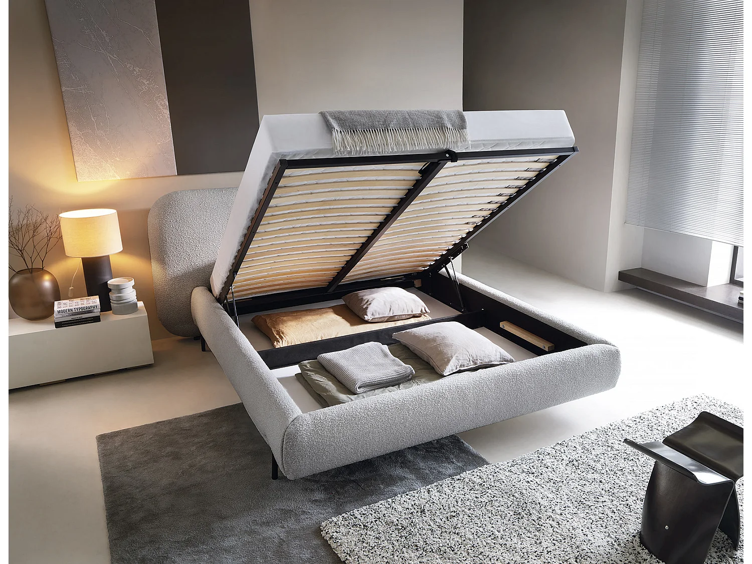 Lit coffre Booby prestige – Velours moderne et rangement optimisé-Couleur Gris clair-140x200