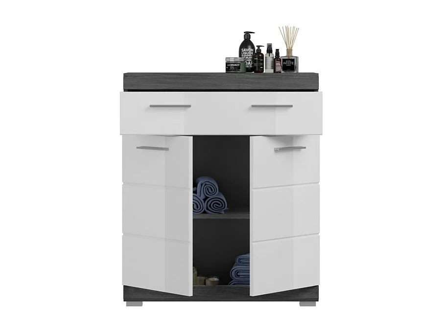 Lage opbergkast SCOTT – 2 deuren en 1 lade – Donkergrijs en wit – 74x88x31 cm