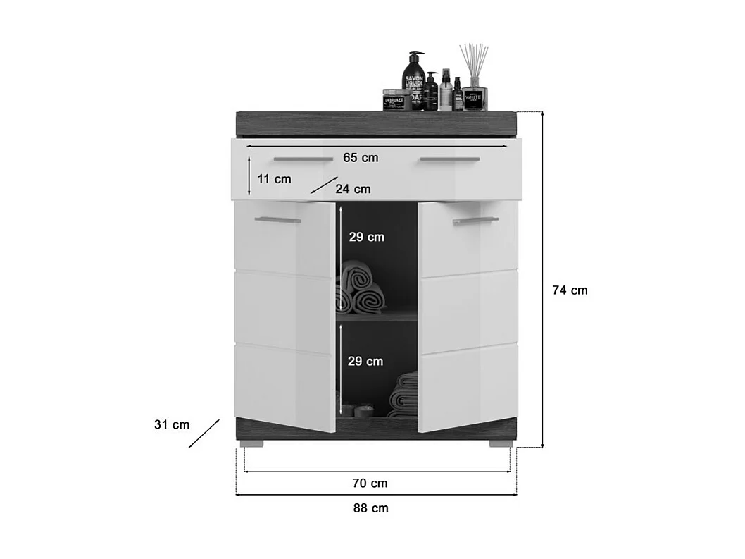 Lage opbergkast SCOTT – 2 deuren en 1 lade – Donkergrijs en wit – 74x88x31 cm