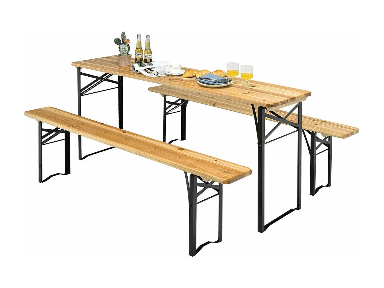 Conjunto de mesa de camping plegable y 2 bancos para 4 personas, estructura de acero, mesa de madera de abeto impermeable, carga 300 kg 20_0005303