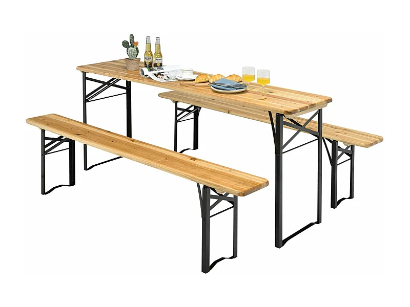 Conjunto de mesa de camping plegable y 2 bancos para 4 personas, estructura de acero, mesa de madera de abeto impermeable, carga 300 kg 20_0005303