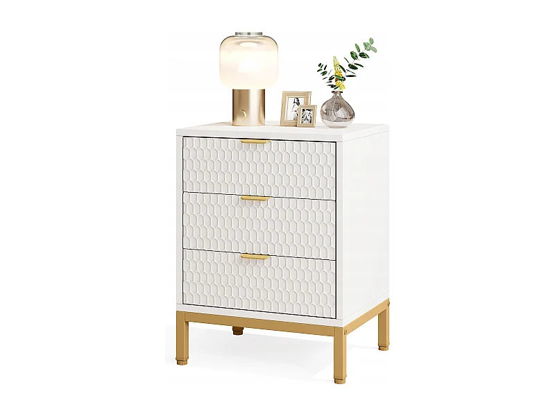 Tábua de cabeceira moderna com 65,5 cm de altura e 3 gavetas, Mesa auxiliar contemporânea com armazenamento para quarto de dormir, sala de estar, branco e dourado