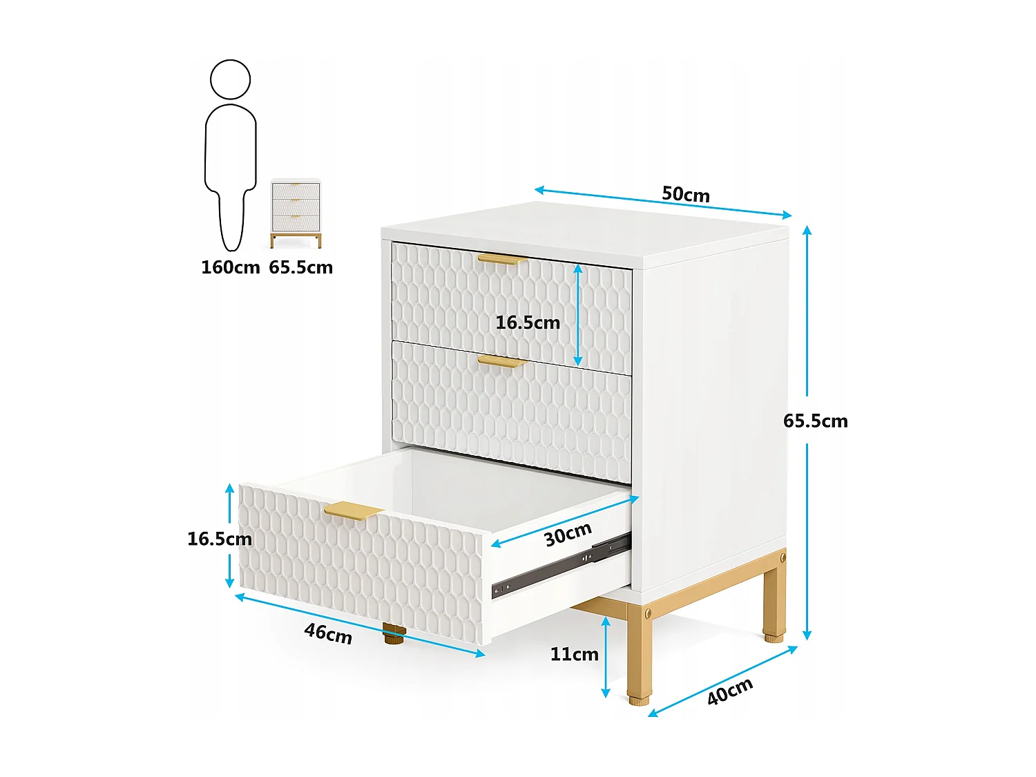 Tribesigns 25,75" hoog modern nachtkastje met 3 lades, eigentijdse bijzettafel met opbergruimte voor slaapkamer, woonkamer, wit en goud
