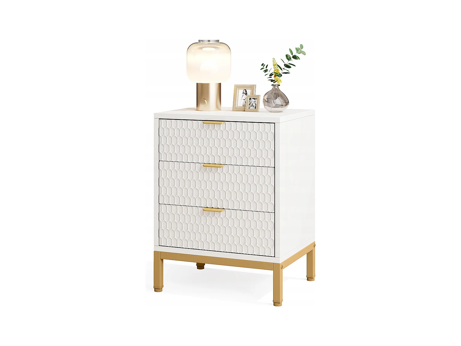 Comodino moderno alto 65,5 cm con 3 cassetti, tavolino contemporaneo con spazio per camera da letto, soggiorno, bianco e oro