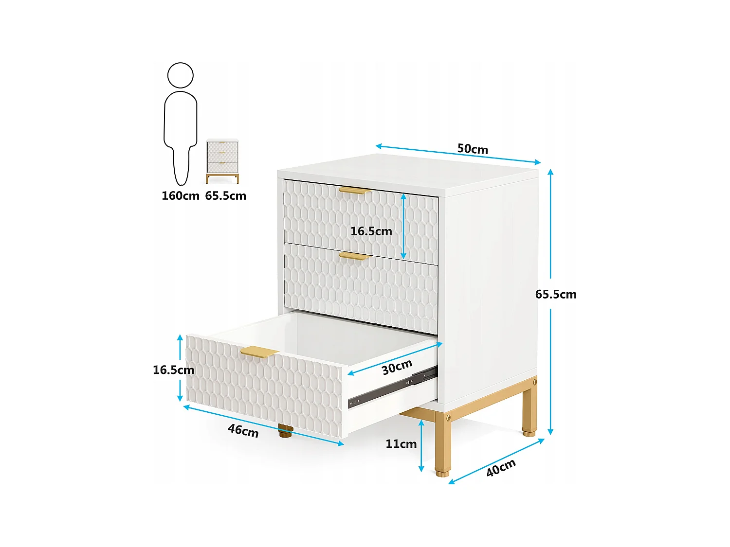 Tábua de cabeceira moderna com 65,5 cm de altura e 3 gavetas, Mesa auxiliar contemporânea com armazenamento para quarto de dormir, sala de estar, branco e dourado