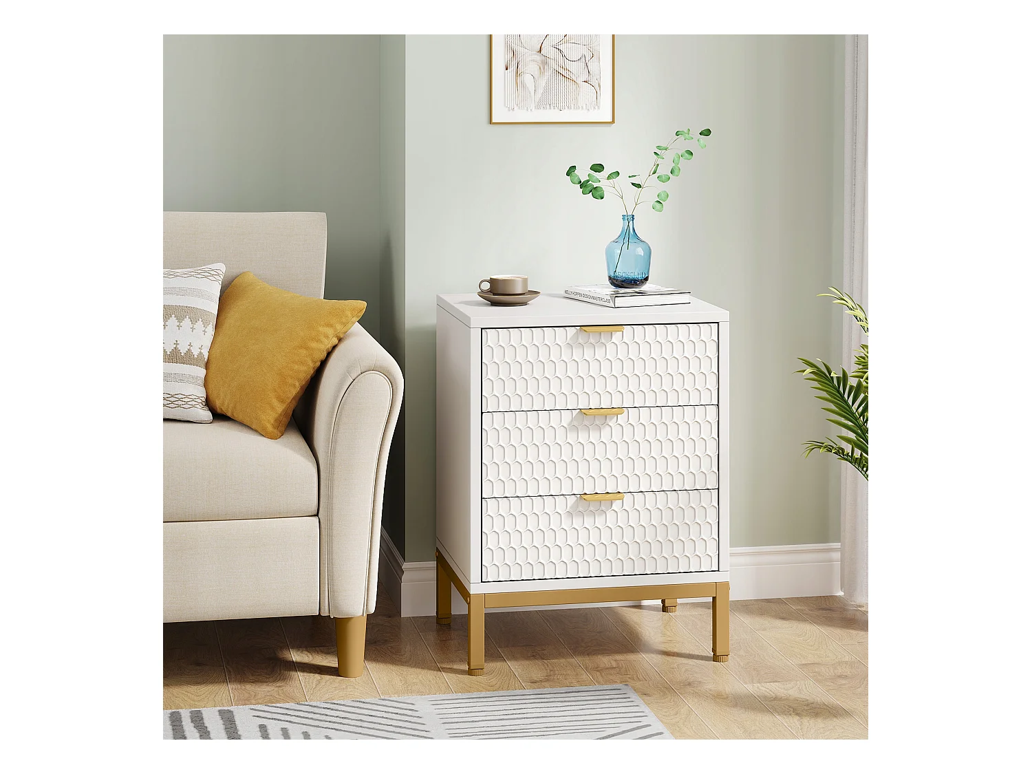 Tábua de cabeceira moderna com 65,5 cm de altura e 3 gavetas, Mesa auxiliar contemporânea com armazenamento para quarto de dormir, sala de estar, branco e dourado