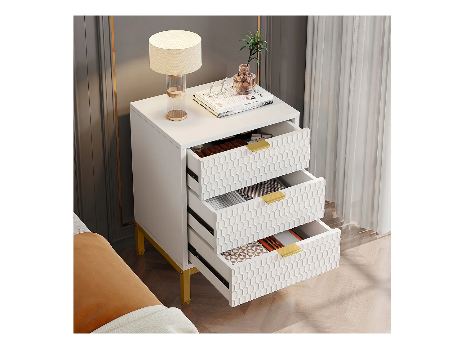Tábua de cabeceira moderna com 65,5 cm de altura e 3 gavetas, Mesa auxiliar contemporânea com armazenamento para quarto de dormir, sala de estar, branco e dourado