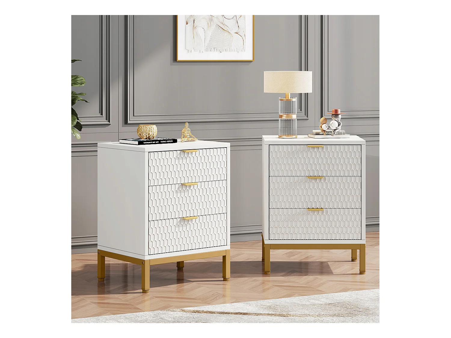 Tábua de cabeceira moderna com 65,5 cm de altura e 3 gavetas, Mesa auxiliar contemporânea com armazenamento para quarto de dormir, sala de estar, branco e dourado