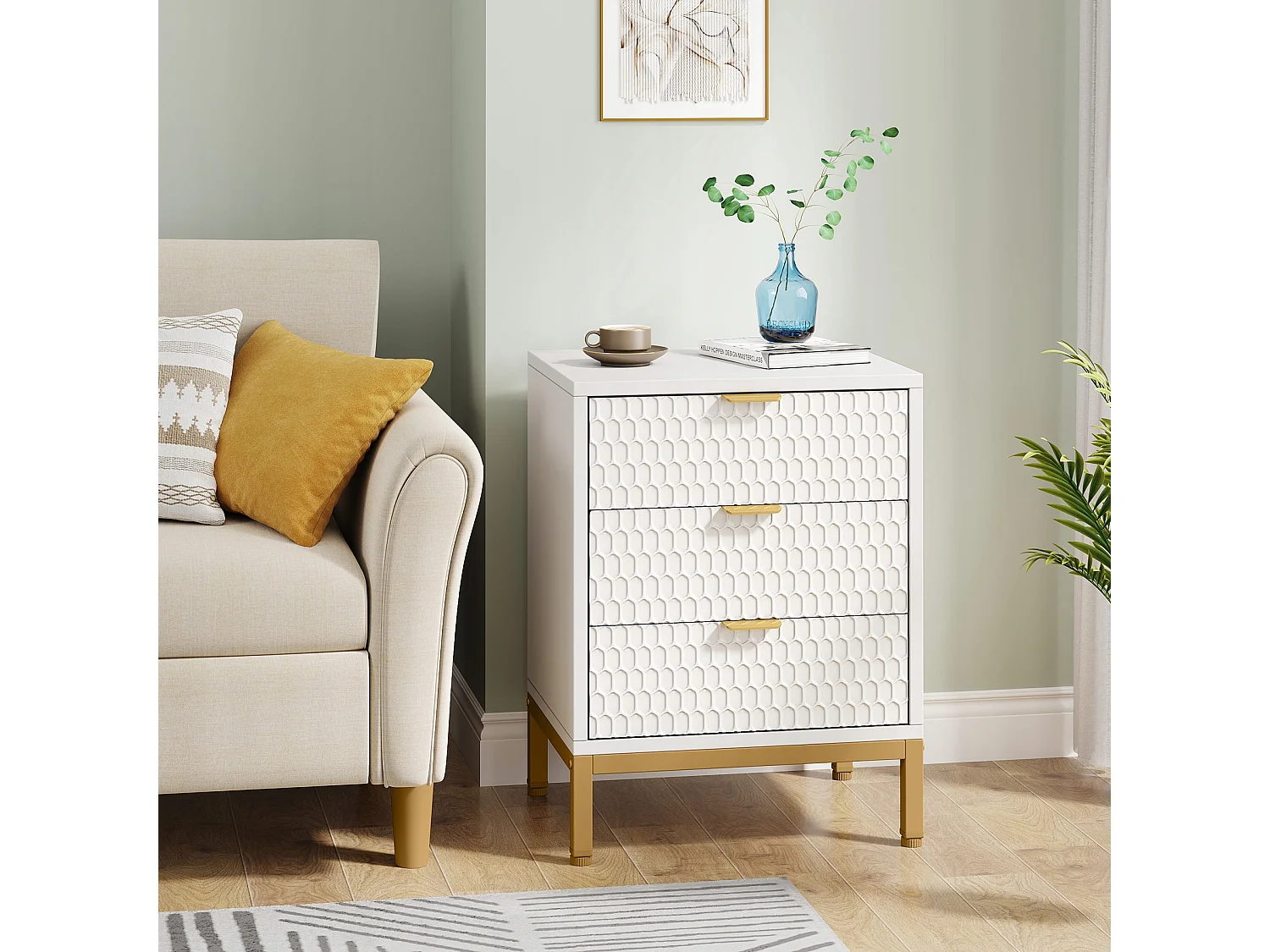 Table de Chevet Moderne de 65,5 cm de Haut avec 3 tiroirs, Table d'appoint contemporaine avec Rangement pour Chambre à Coucher, Salon, Blanc et doré