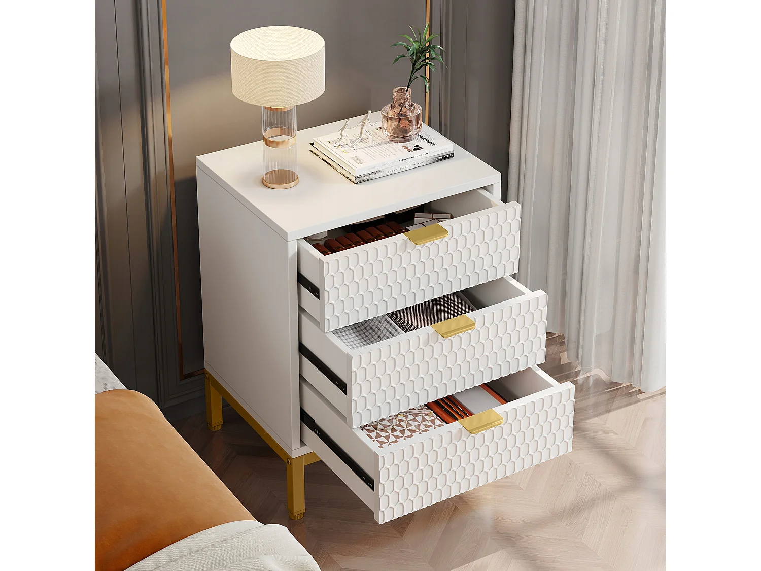 Table de Chevet Moderne de 65,5 cm de Haut avec 3 tiroirs, Table d'appoint contemporaine avec Rangement pour Chambre à Coucher, Salon, Blanc et doré