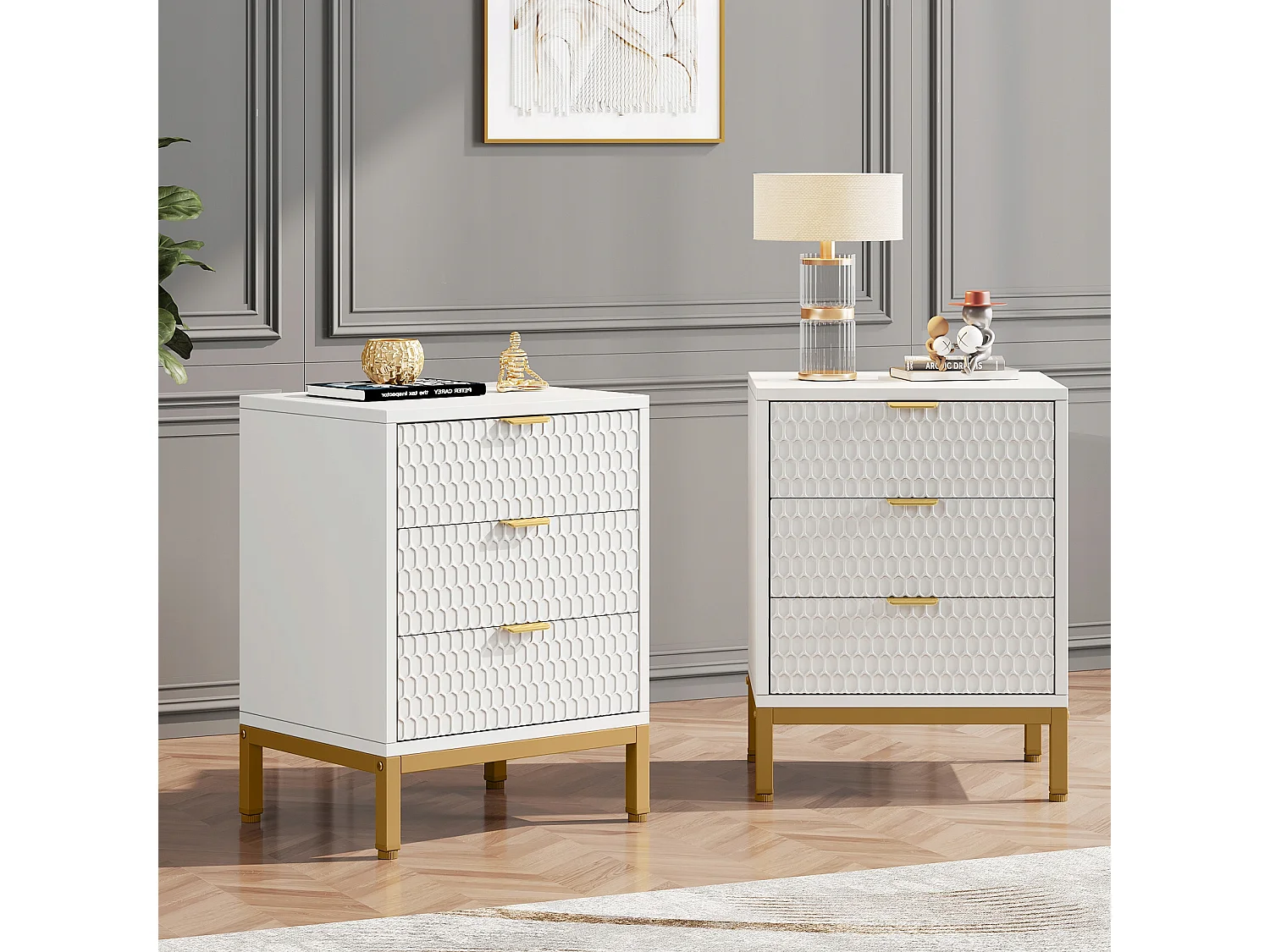 Table de Chevet Moderne de 65,5 cm de Haut avec 3 tiroirs, Table d'appoint contemporaine avec Rangement pour Chambre à Coucher, Salon, Blanc et doré
