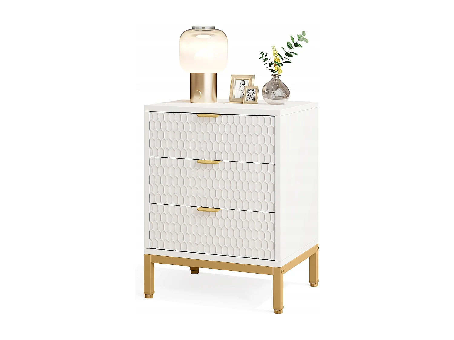 Comodino moderno alto 65,5 cm con 3 cassetti, tavolino contemporaneo con spazio per camera da letto, soggiorno, bianco e oro