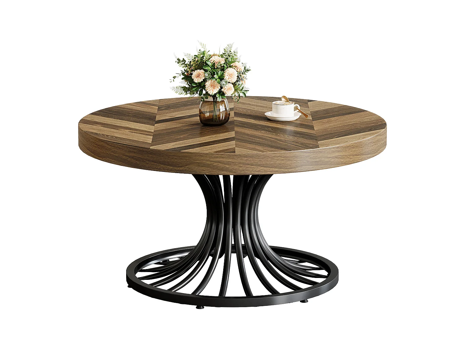 Mesa de centro redonda de madera, mesa de centro circular de 80 cm con pedestal de metal, mesa de centro industrial única, mesa de centro pequeña para sala de estar