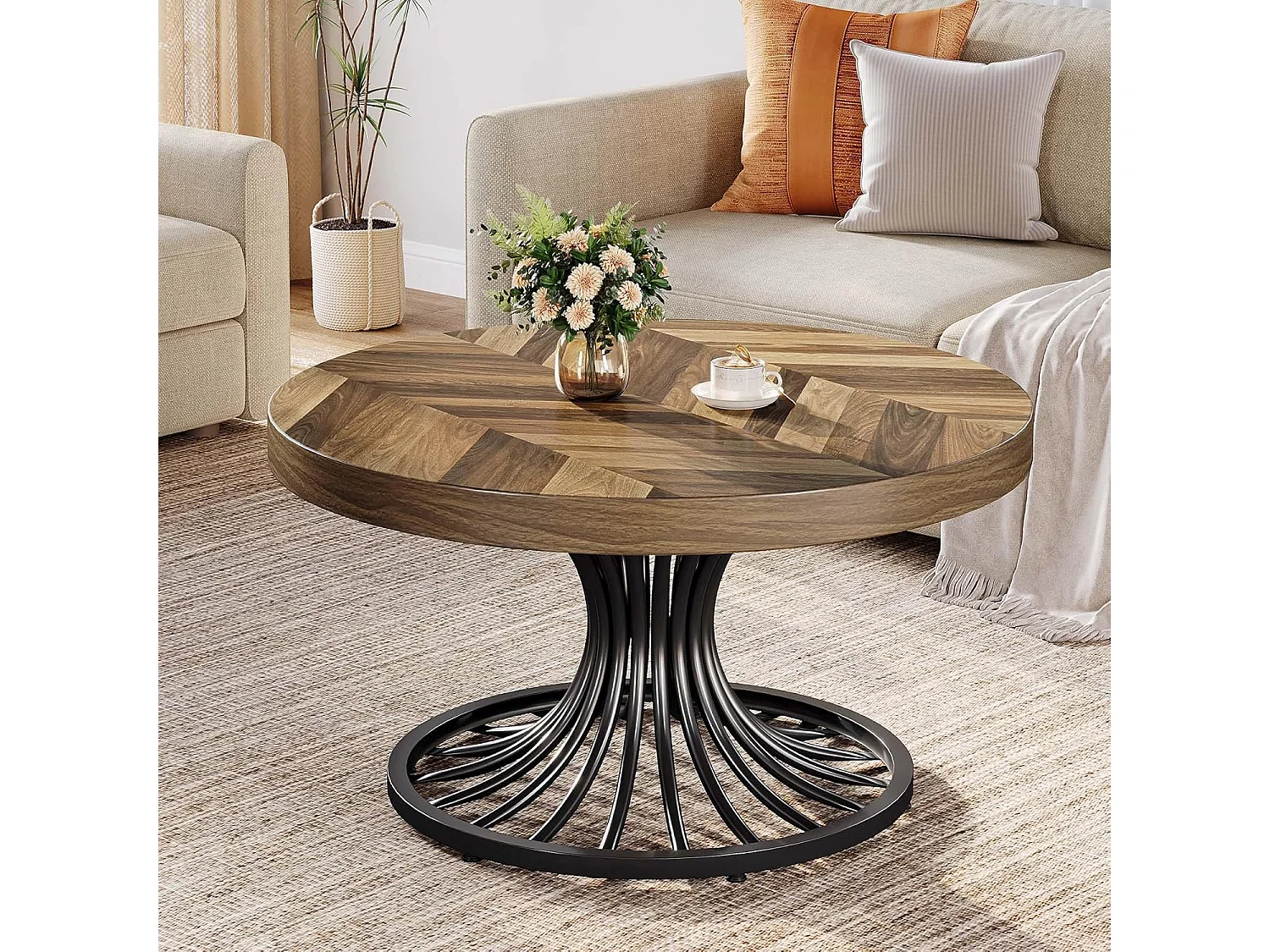 Mesa de centro redonda de madera, mesa de centro circular de 80 cm con pedestal de metal, mesa de centro industrial única, mesa de centro pequeña para sala de estar