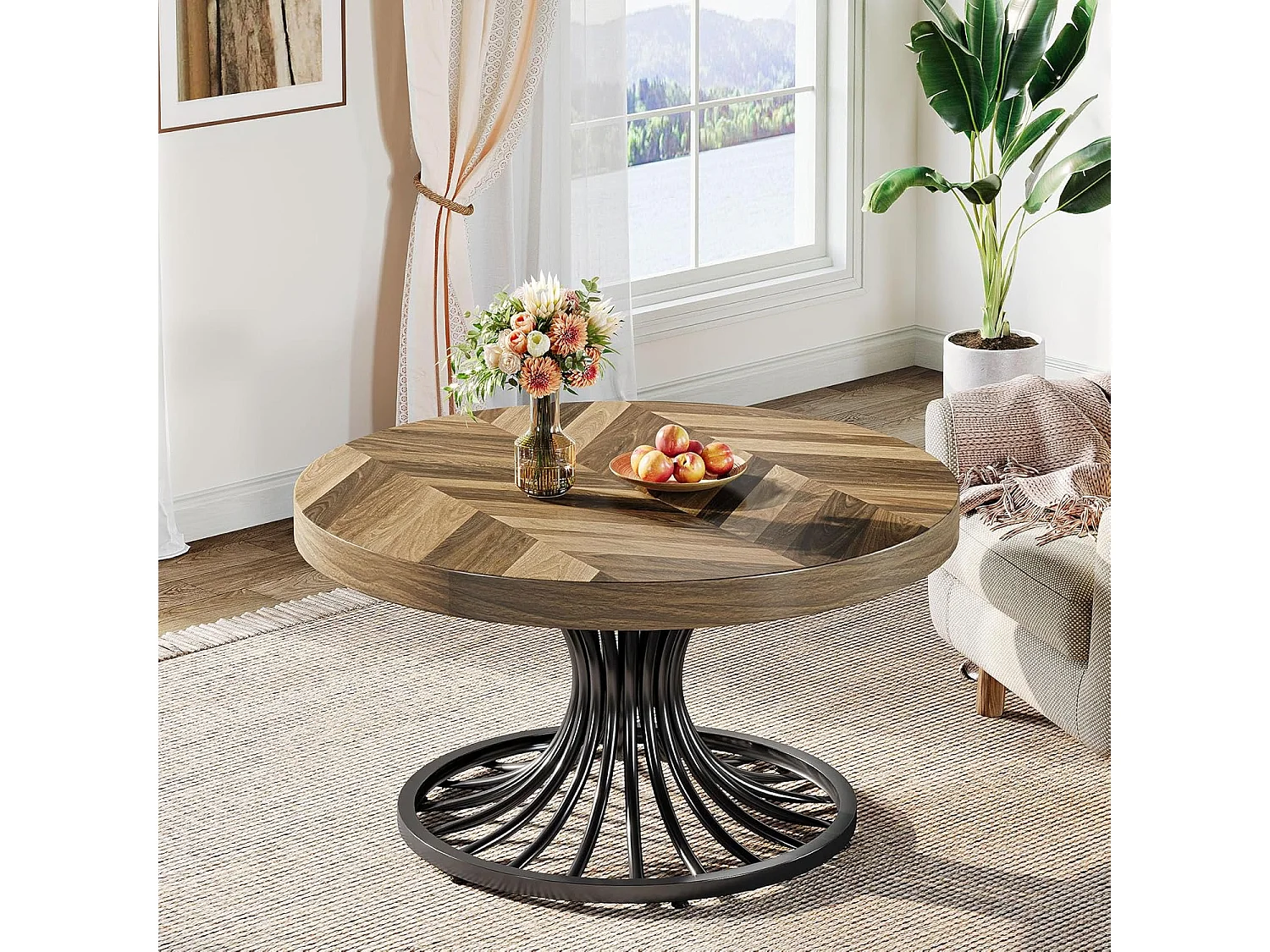 Mesa de centro redonda de madera, mesa de centro circular de 80 cm con pedestal de metal, mesa de centro industrial única, mesa de centro pequeña para sala de estar