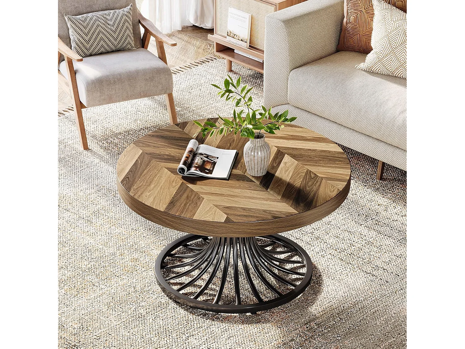 Mesa de centro redonda de madera, mesa de centro circular de 80 cm con pedestal de metal, mesa de centro industrial única, mesa de centro pequeña para sala de estar