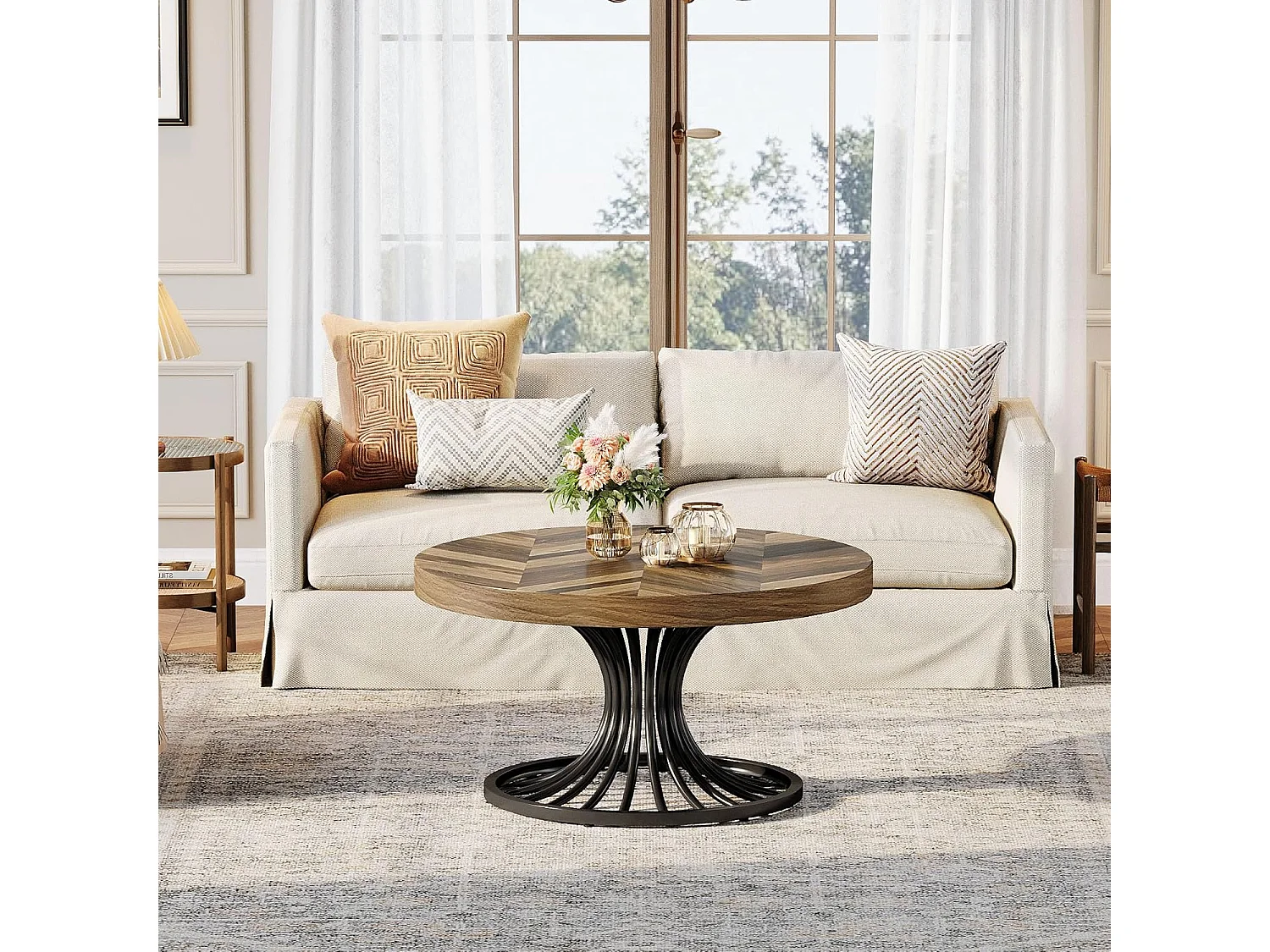 Mesa de centro redonda de madera, mesa de centro circular de 80 cm con pedestal de metal, mesa de centro industrial única, mesa de centro pequeña para sala de estar