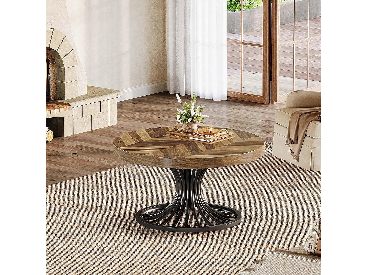 Mesa de centro redonda de madera, mesa de centro circular de 80 cm con pedestal de metal, mesa de centro industrial única, mesa de centro pequeña para sala de estar