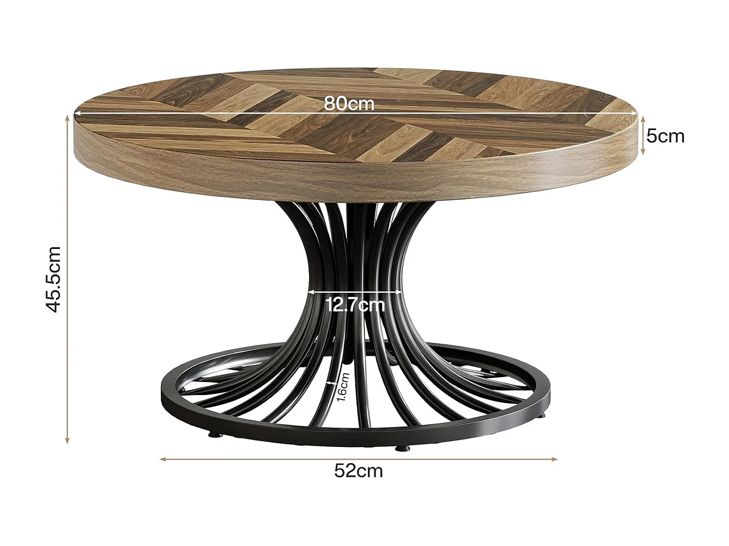 Mesa de centro redonda de madera, mesa de centro circular de 80 cm con pedestal de metal, mesa de centro industrial única, mesa de centro pequeña para sala de estar