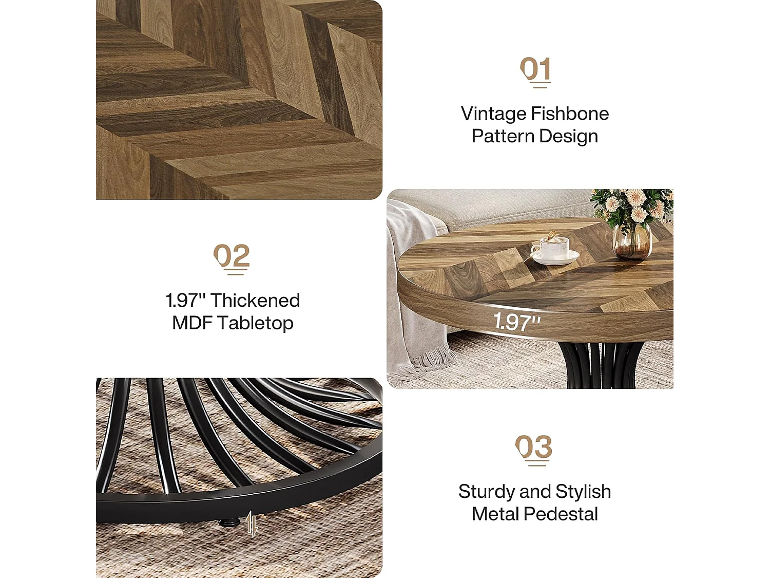 Table basse ronde en bois, table basse circulaire de 80 cm avec piédestal en métal, table basse industrielle unique