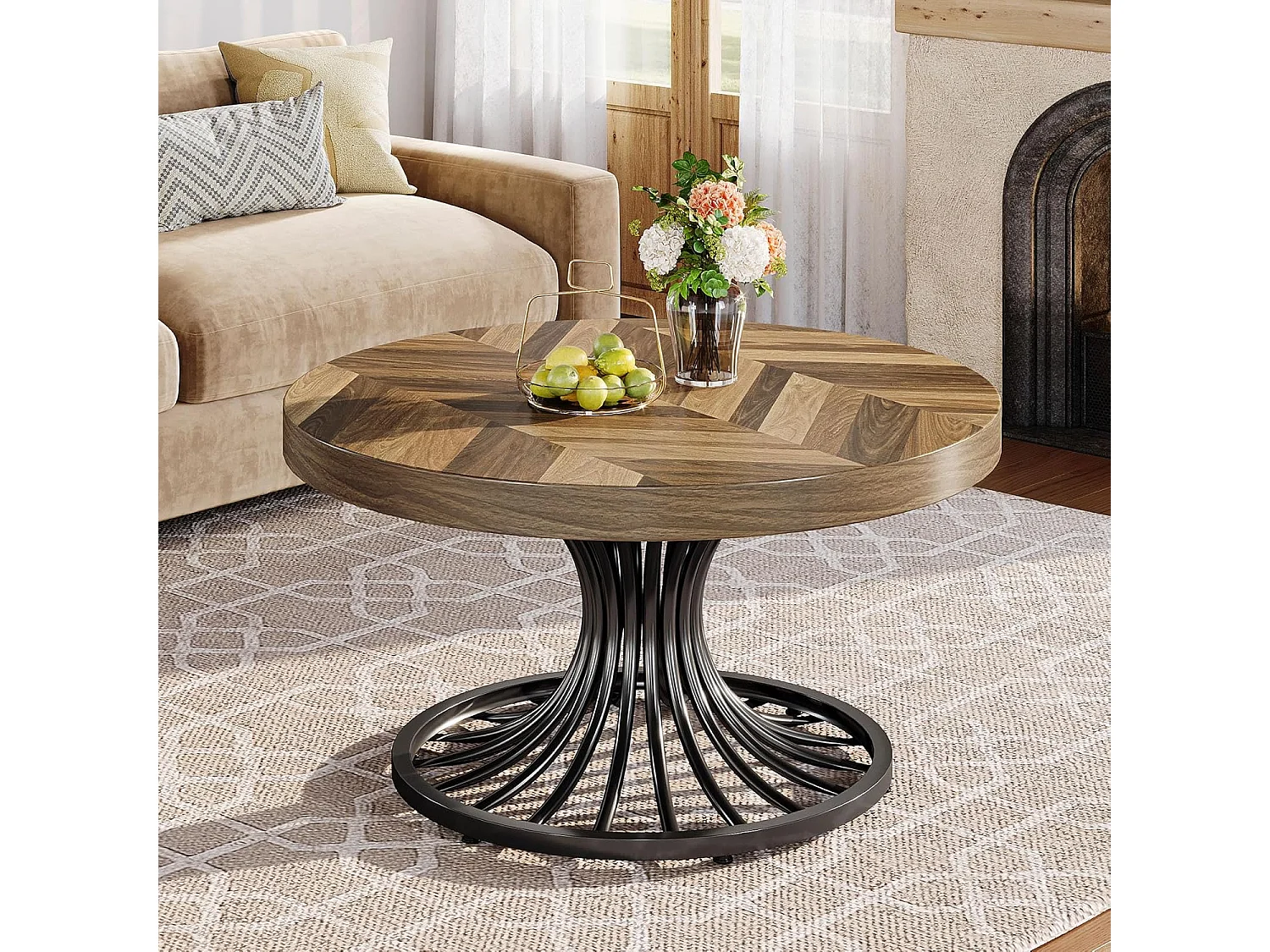 Table basse ronde en bois, table basse circulaire de 80 cm avec piédestal en métal, table basse industrielle unique